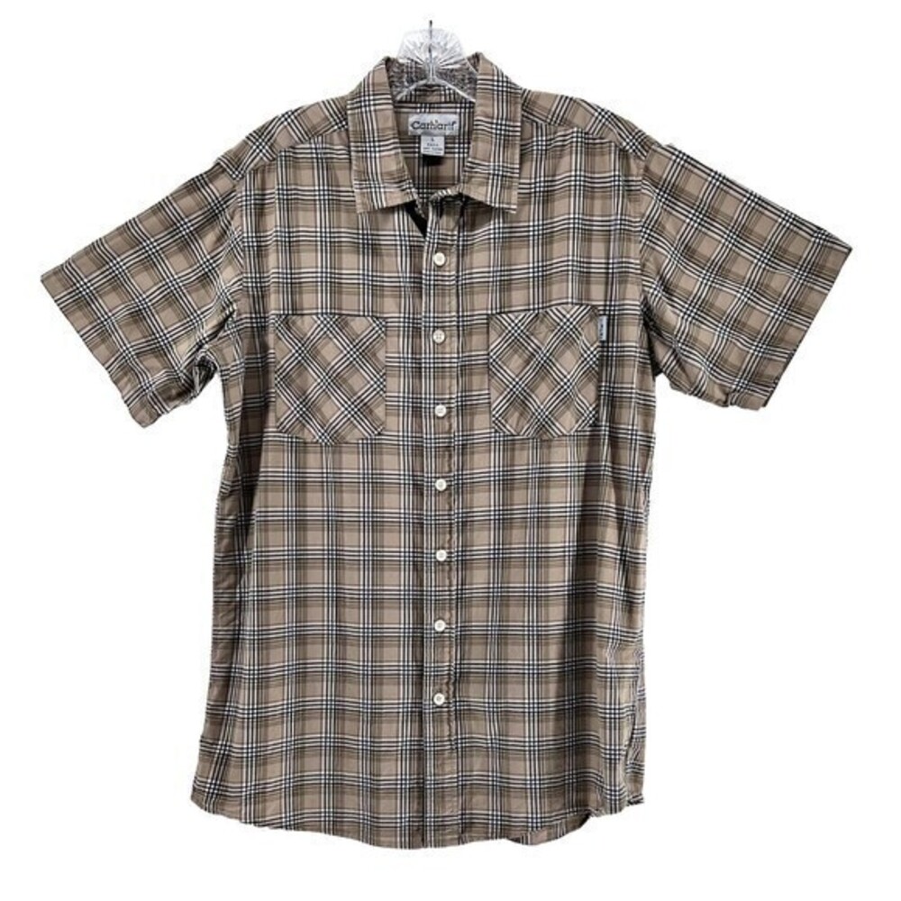 Carhartt Men's Short Sleeve Button Up Collared Shirt Beige Plaid Large Tall
